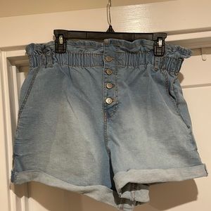 High waisted paper bag style jean shorts